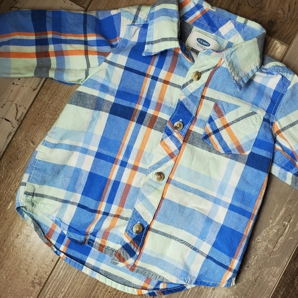 Old Navy Boys 12-18m Plaid Button Down Shirt Blue Orange EUC